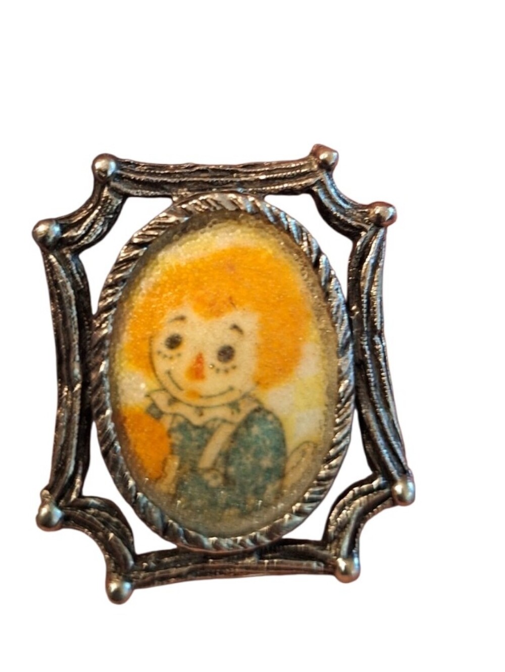 Vintage Raggedy Ann Pendant or Brooch Textured Silver Toned Metal Frame CUTE 60s